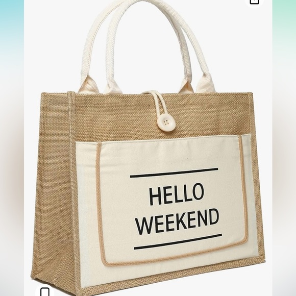 Jute Beach Tote for Women, Reusable Grocery Shopping Bag with Handle - Picture 2 of 7